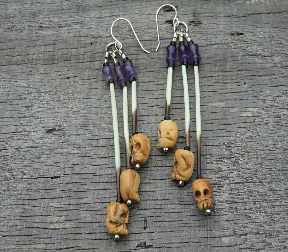 Porcupine Quill & Bone Earrings w/ Amethyst-9